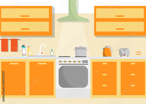 Kitchen vector interior with furniture and household supplies. Flat minimal illustration. 
