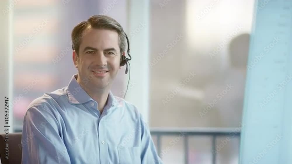 business man with headset looking at camera, smiling business man with headset looking at camera, smiling