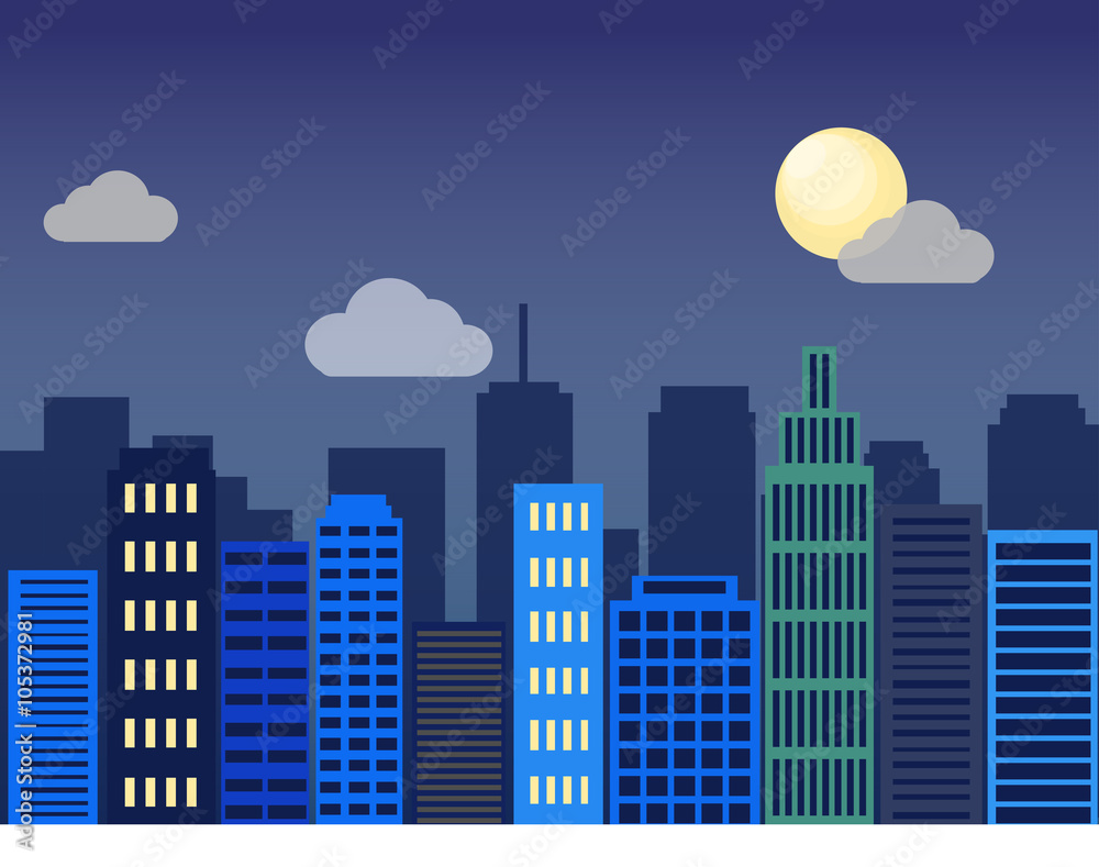 Minimal flat design modern vector illustration. Set of urban landscape, buildings and city life. Skylines in the nighttime. Real estate background concept icon template for web or print
