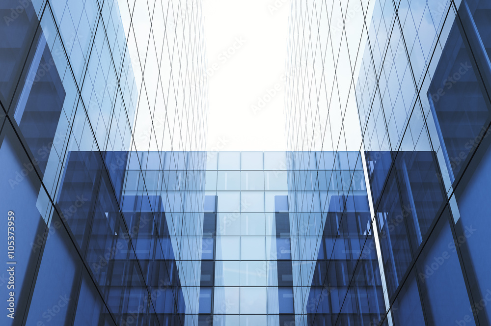 Obraz premium Perspective and underside angle view to textured background of modern glass blue building skyscrapers. Horizontal mockup. 3d render