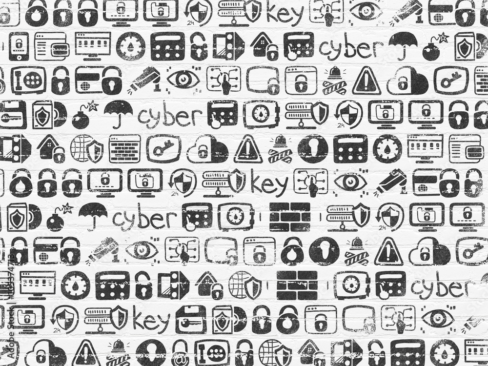 Grunge background: White Brick wall texture with Painted Hand Drawn Security Icons Grunge background: White Brick wall texture with Painted Hand Drawn Security Icons