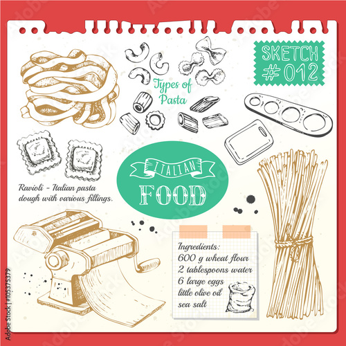 Food sketchbook with pasta sketch style. Italian homemade traditional food.