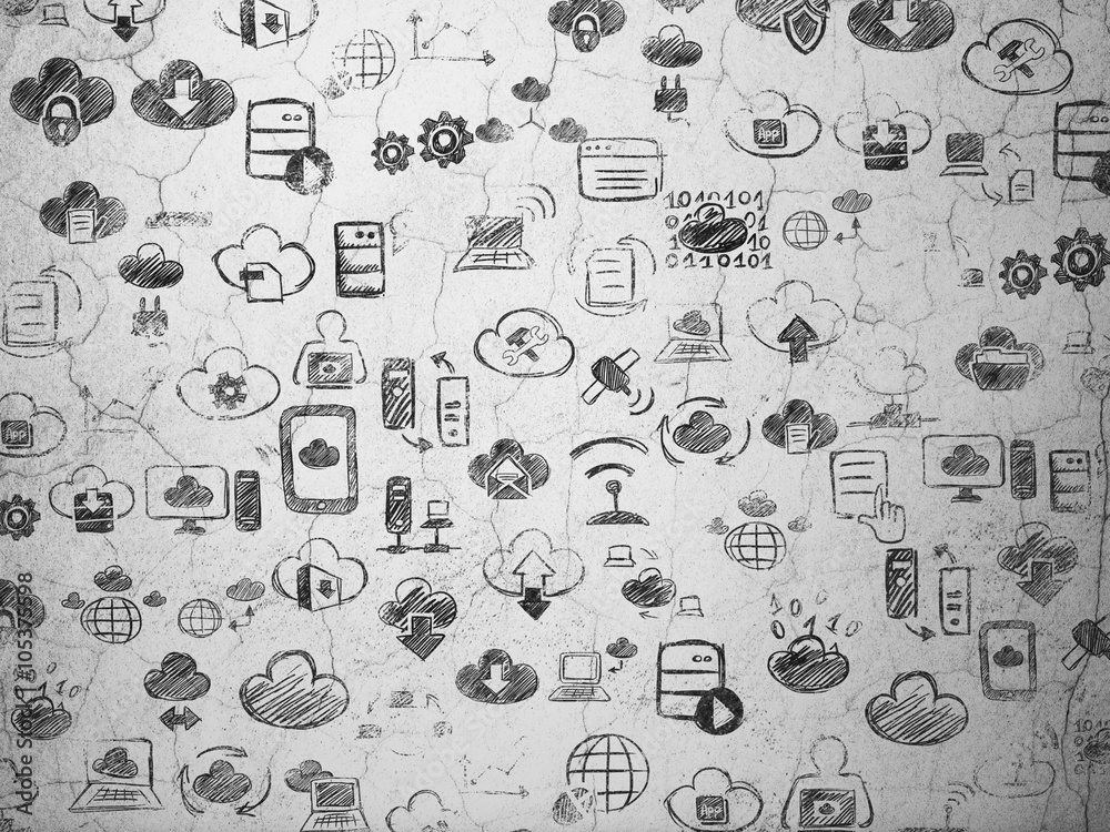 Grunge background:  wall texture with Painted Hand Drawn Cloud Technology Icons
