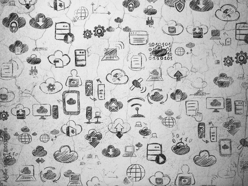 Obraz premium Grunge background: wall texture with Painted Hand Drawn Cloud Technology Icons