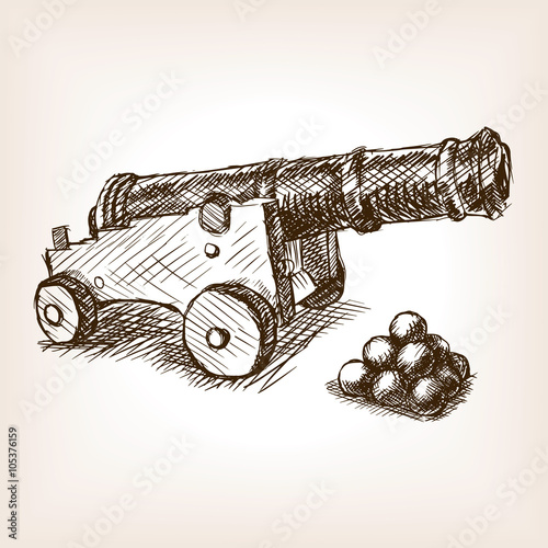 Old cannon hand drawn sketch vector