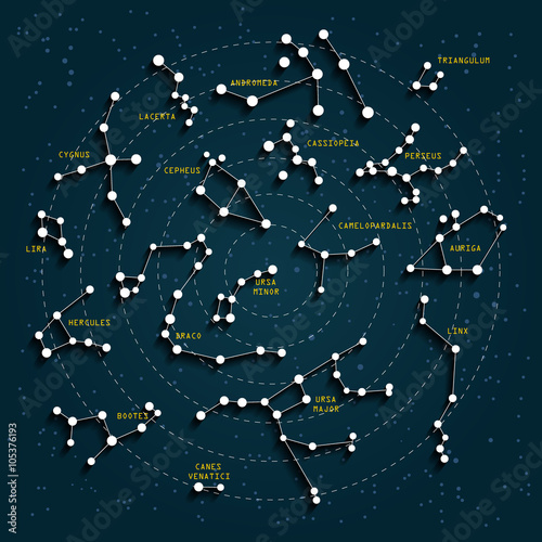 Sky map with 3D effect. Constellations. Stars.