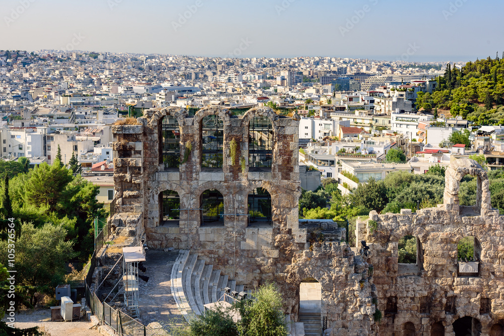 Ruins of ancient theater under Acropolis of Athens, Greece