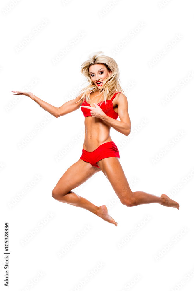 girl jumps up and shows in the hands of the invisible