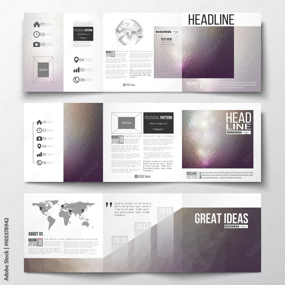 Vector set of tri-fold brochures, square design templates. Abstract colorful polygonal background, modern stylish triangle vector texture
