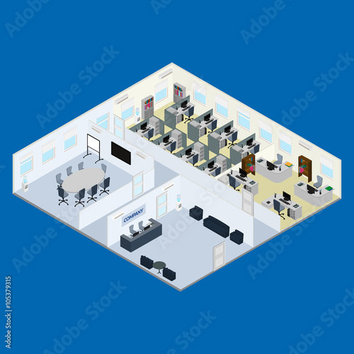 vector illustration. Office interior - reception, meeting room, open office space, room for management. isometric. . photo