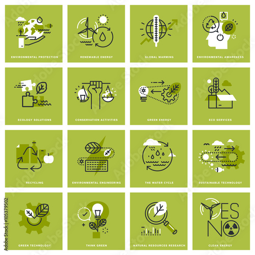 Set of thin line concept icons of environment, renewable energy, sustainable technology, recycling, ecology solutions. Premium quality icons for website, mobile website and app design.