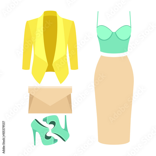 Set of trendy women's clothes. Outfit of woman jacket, skirt, bustiers top and accessories. Women's wardrobe. Vector illustration
