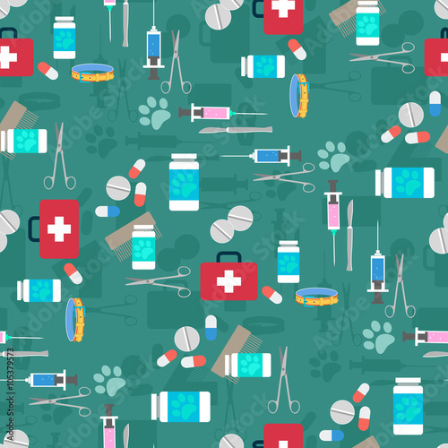 Veterinary set seamless pattern on green background. Vector illustration