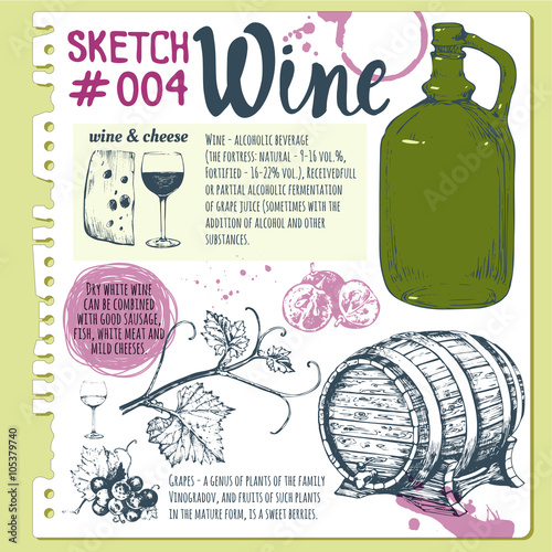 Sketchbook with winemaking products in sketch style. 