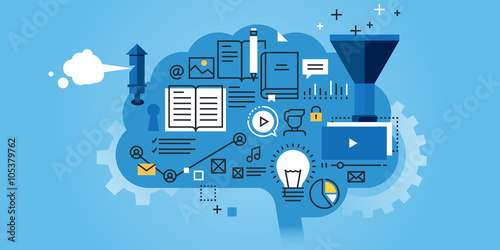 Flat line design website banner of education, learning process, brainstorming, generation of knowledge. Modern vector illustration for web design, marketing and print material.