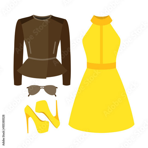 Set of trendy women's clothes. Outfit of woman rocker jacket, dress and accessories. Women's wardrobe. Vector illustration