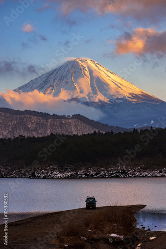 Mount Fuji in sunset at Lake Saiko in Winter, Japan