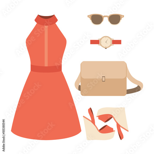 Set of trendy women's clothes. Outfit of woman dress and accessories. Women's wardrobe. Vector illustration