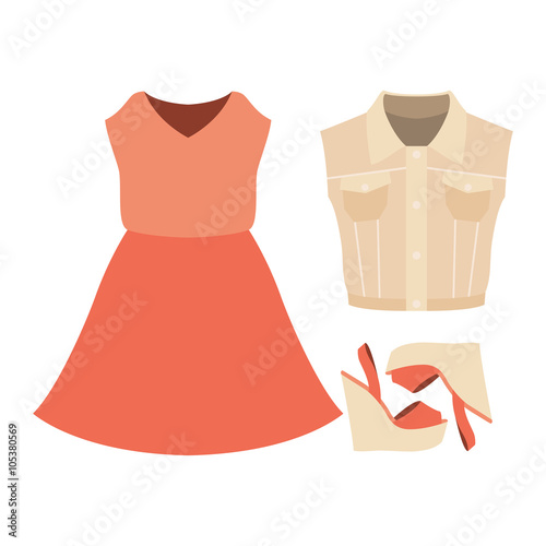 Set of trendy women's clothes. Outfit of woman denim vest coat, dress and accessories. Women's wardrobe. Vector illustration
