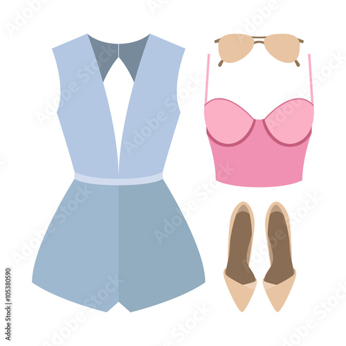 Set of trendy women's clothes. Outfit of woman overall, bustiers top and accessories. Women's wardrobe. Vector illustration