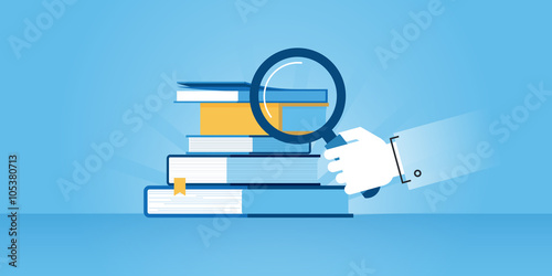 Flat line design website banner of book store, search for a book. Modern vector illustration for web design, marketing and print material.