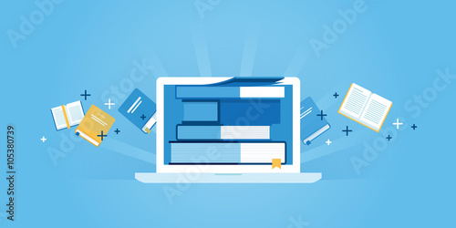 Flat line design website banner of e-learning, e-book, online education. Modern vector illustration for web design, marketing and print material.