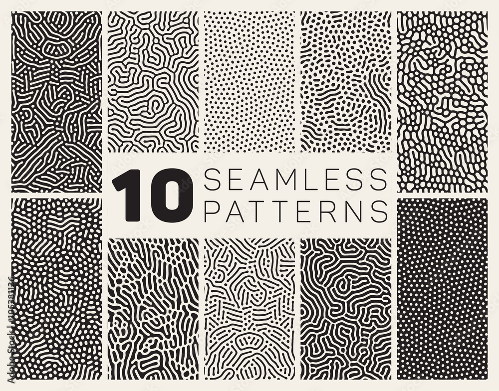 Set of Ten Vector Seamless Black and White Organic Rounded Jumble Maze Lines Patterns - obrazy, fototapety, plakaty 