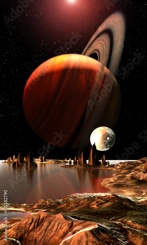 Fototapeta Naklejka Na Ścianę i Meble -  Alien Planet With Saturn, Moon and Mountains. 