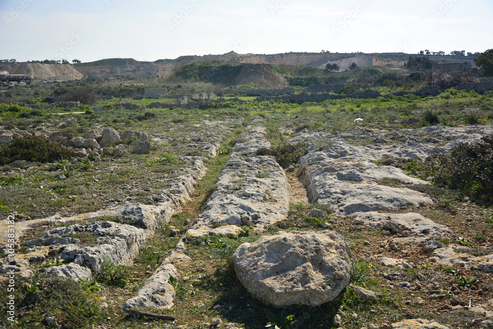 Parallel grooves of prehistoric cart ruts, mysteriously scored into the rock at Clapham Junction in Malta.