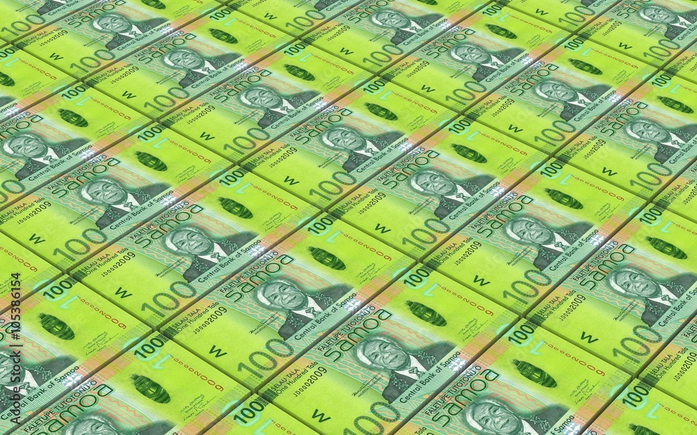 Samoan tala bills stacks background. Computer generated 3D photo rendering