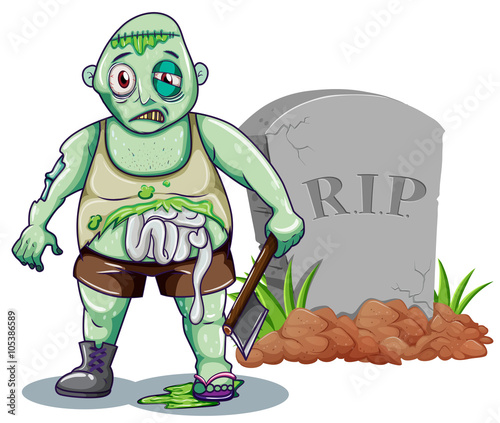 Green zombie with axe at the gravestone