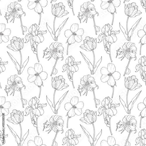Vector Black Vintage Garden Flowers On White Fabric Repeating Seamless Pattern Design With Tulips, Daffodils In Botanical Style Perfect For Fabric, Wallpaper, Packaging, Backgrounds, Greeting Cards.