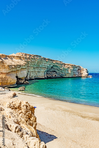 Oman Beach Landscape at Barr Al Jissah in east of Muscat, Oman. photo