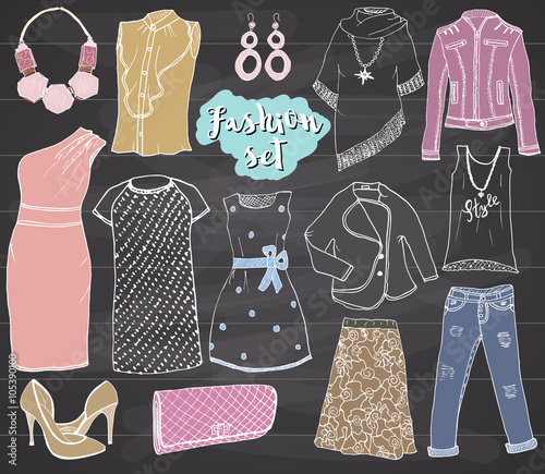 Fashion collection Doodles set. Hand Drawn Sketch with dress shoes, pants and jacket, handbag and accessories vector Illustration Design Elements on chalkboard Background