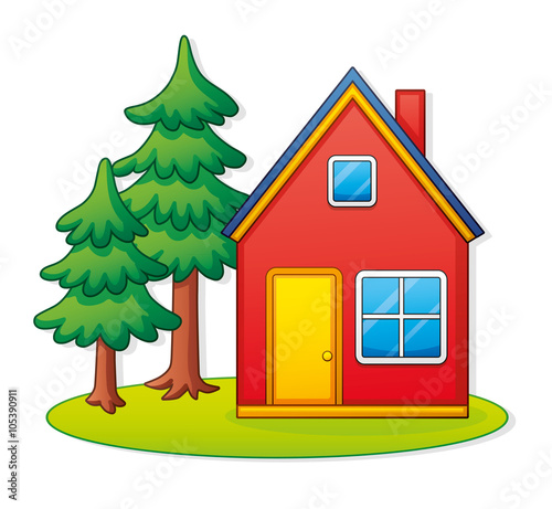 Red house and spruce trees.
