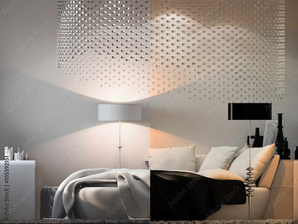 Fototapeta premium Interior design bedroom in black and white colors.