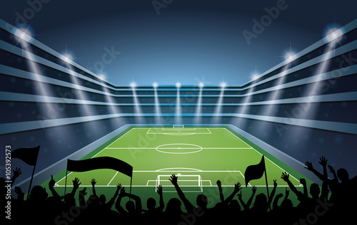Excited crowd of people at a soccer stadium. 