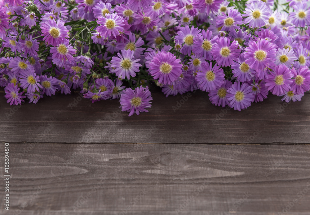 Purple cutter flowers are on the wooden background Purple cutter flowers are on the wooden background