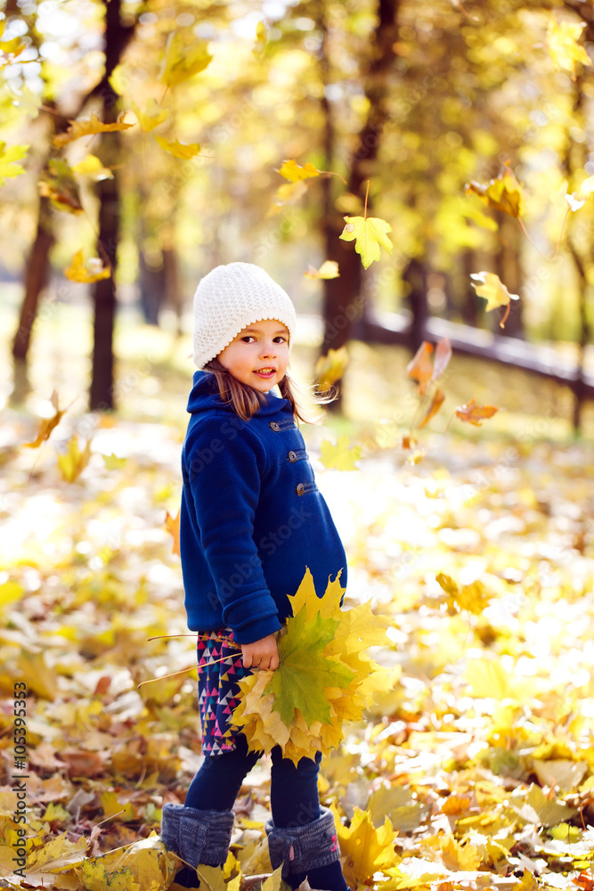 little girl keeps leafs in hand in park in the autumn little girl keeps leafs in hand in park in the autumn