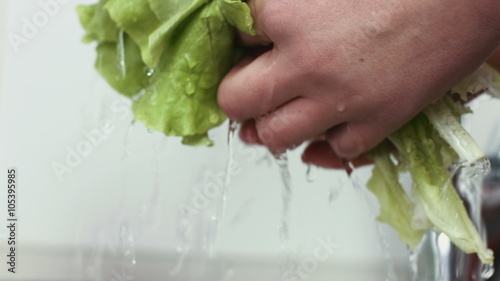 Close-up footage of lettuce leaves are washed in a kitchen sink.
