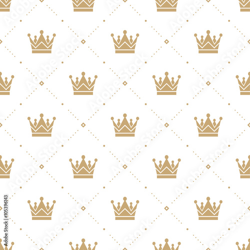 Seamless pattern in retro style with a gold crown on a white background. Can be used for wallpaper, pattern fills, web page background,surface textures. Vector Illustration.