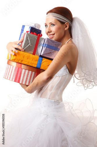 Classical bride with presents on the white background