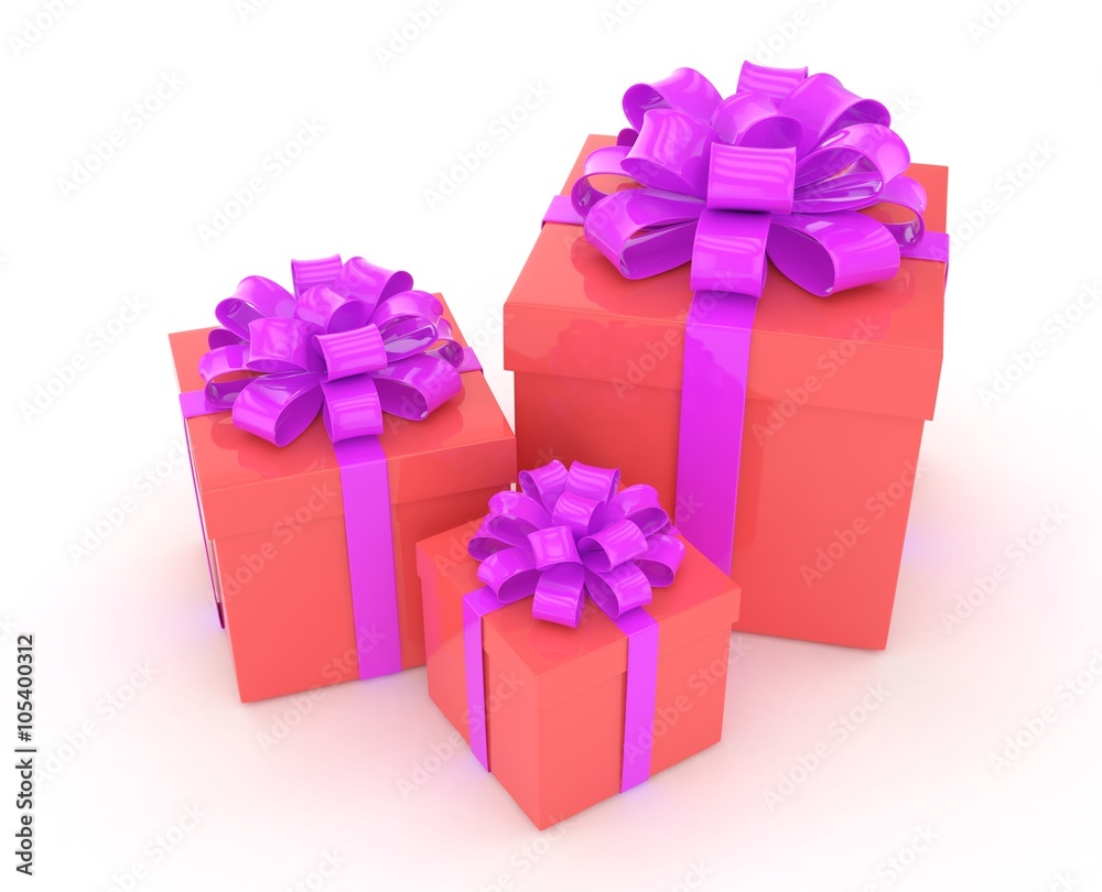 three gift boxes with bows isolated on white three gift boxes with bows isolated on white