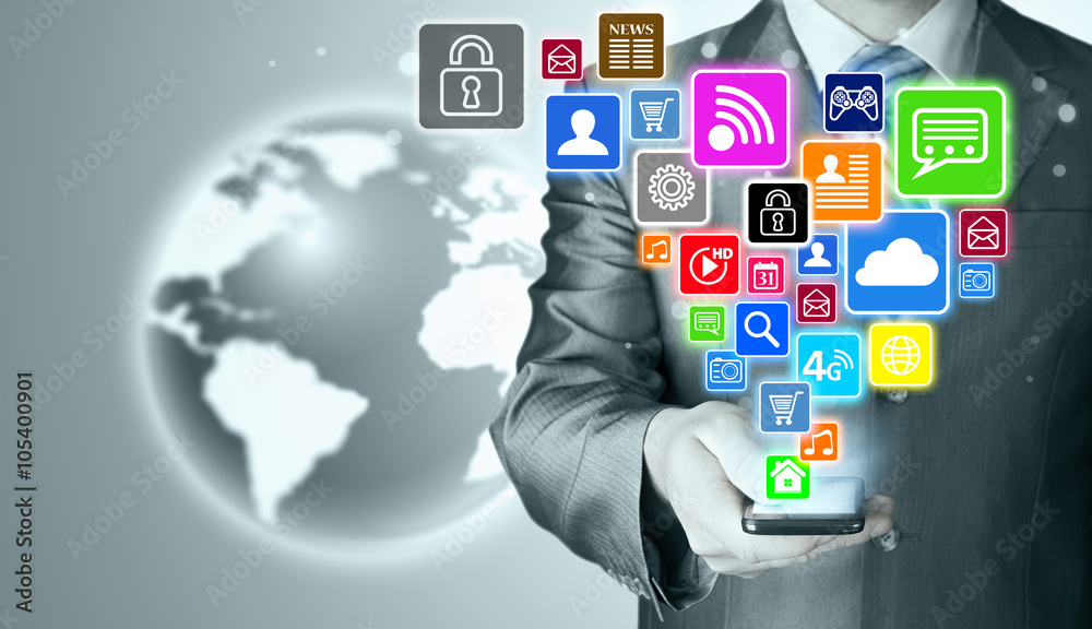 Business man using smart phone with social media icon set Business man using smart phone with social media icon set
