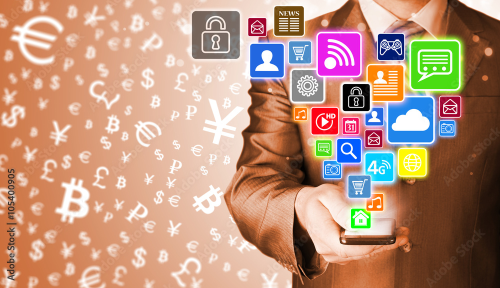 Business man using smart phone with social media icon set Business man using smart phone with social media icon set