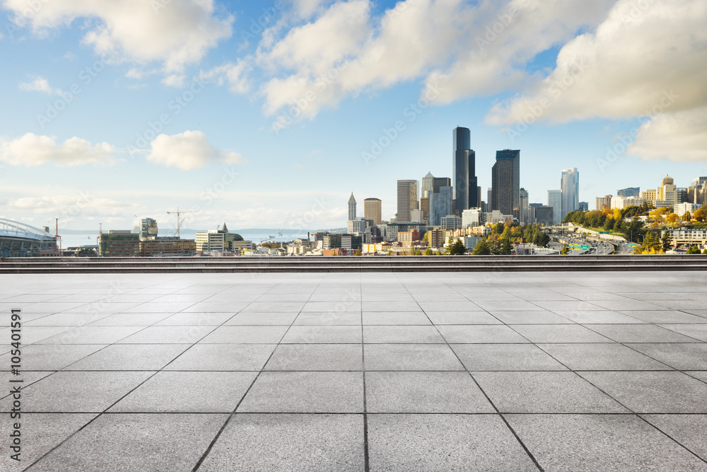 empty marble floor with cityscape and skyline of seattle