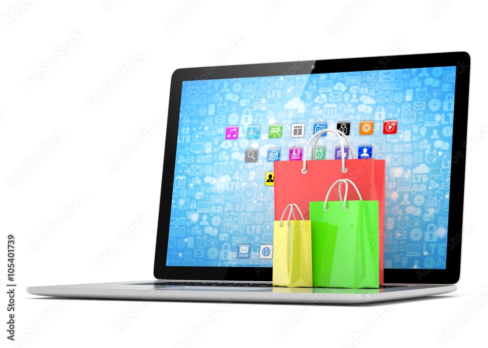 laptop and shopping pags on white background laptop and shopping pags on white background