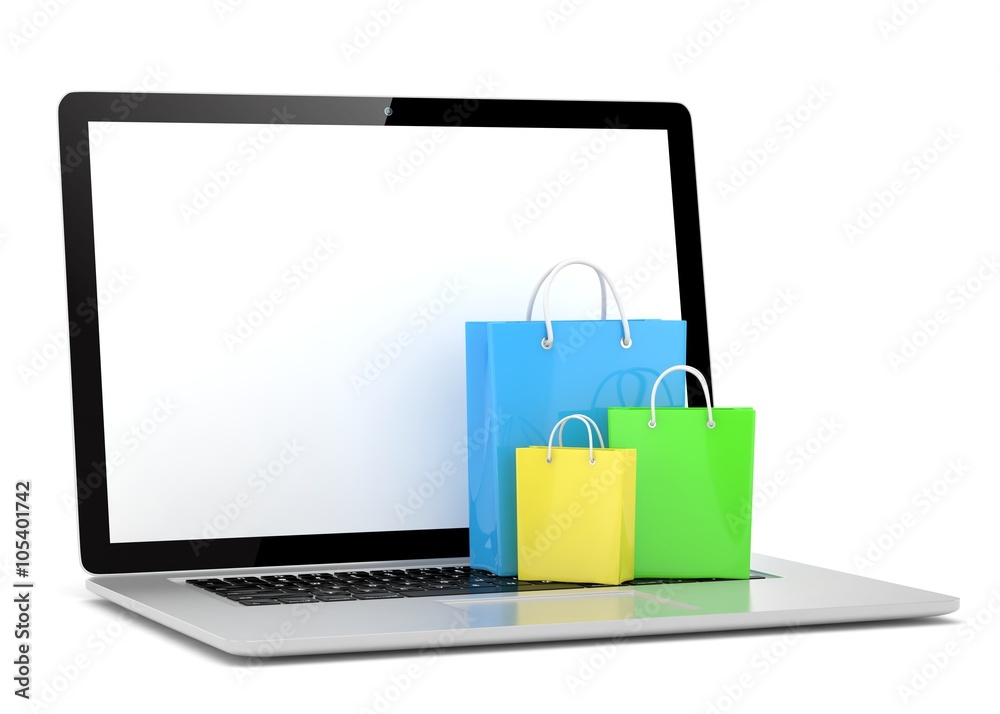 laptop and shopping pags on white background laptop and shopping pags on white background
