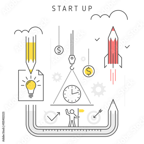 Vector flat line illustration of start up business represent growth concept development process from idea,  investing time, technologies to launch company. Start up company and innovation concept.