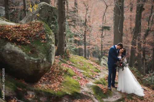 Gorgeous wedding couple kissing and hugging in forest with big rocks © olegparylyak